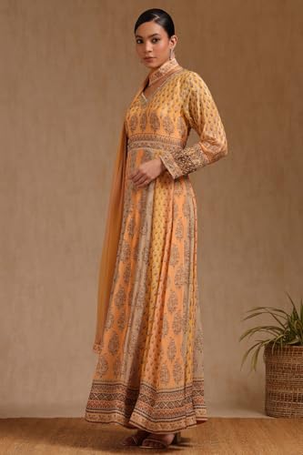 Soch Womens Mustard Viscose Botanical Print Gown with Sequins