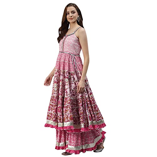 Divena Pink Cotton Sleeves less Anarkali Sharara set with Dupatta