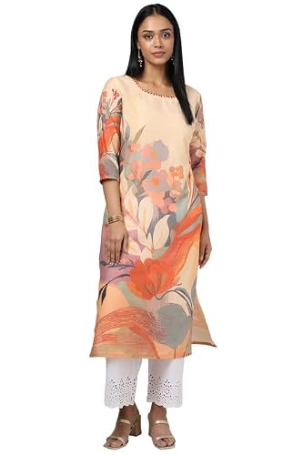 Soch Womens Peach Muslin Floral Print Kurta with Mirror Work