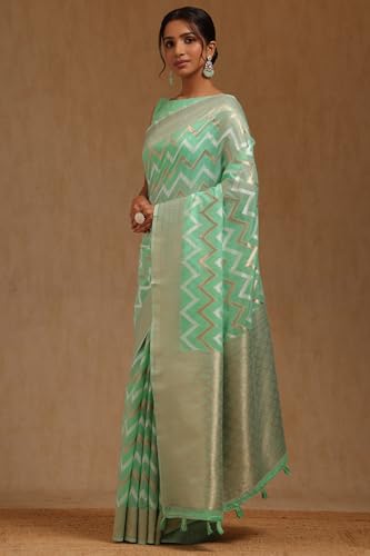Soch Womens Light Green Linen With Zari Woven Saree With Zari Woven