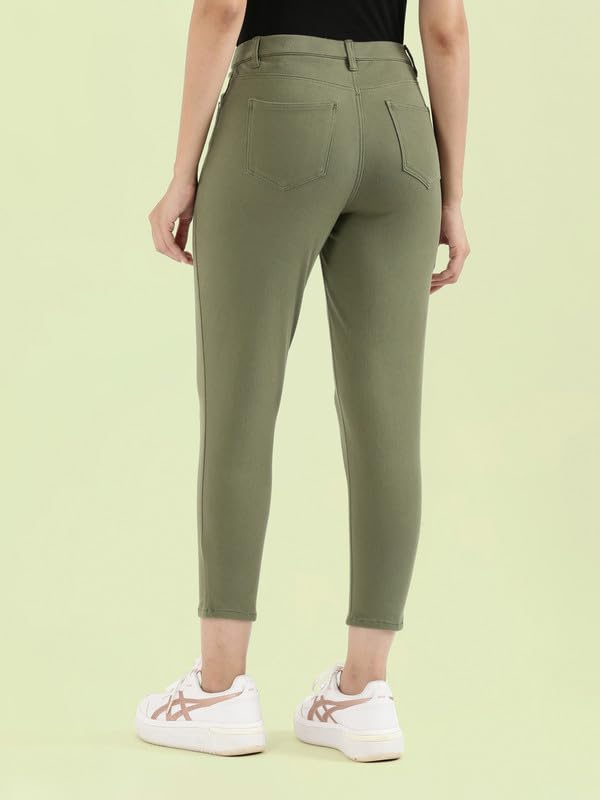 GO COLORS Soft Cotton Stretch Jeggings 7-8th Length for Women| Breathable, Mid Rise, Olive