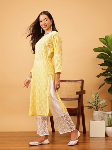 Ada Hand Embroidered Lucknowi Chikankari Yellow Cotton Kurta Kurti for Women A411711 (L)