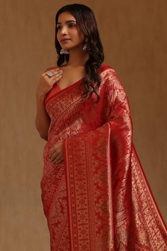 Soch Womens Red Tussar Woven Designs Saree With Zari