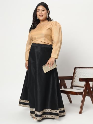 studio rasa Women's Plus Size Cotton Tissue Sheer Sleeves Readymade Saree Blouse for Wedding Festive Party (TPWPC223PS17-3XL_BL_Gold_3XL)