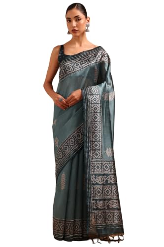 Soch Womens Turquoise Blue Tussar Batik Printed Saree With Mirror Work