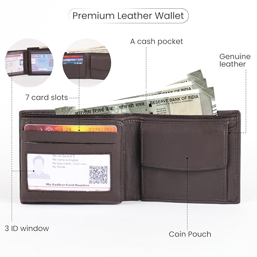 KARA Brown Men's Genuine Leather Wallet – Bifold, 2 Cash Compartments, Coin Pocket, 10+ Card Slots, Hidden & Transparent Flip Sections