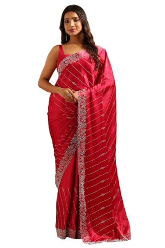 Soch Womens Fuchsia Satin Stonework Embellished Saree