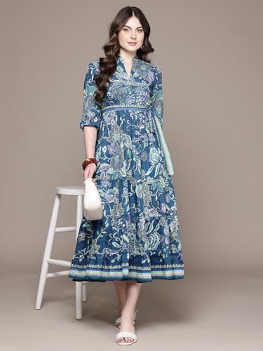Label RITU KUMAR Blue Alanna 3/4 Sleeves Long Dress with Belt