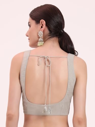 FIORRA Women's Light Grey Organza Crushed Siroski Work Embellished Border Saree With Unstitched Blouse
