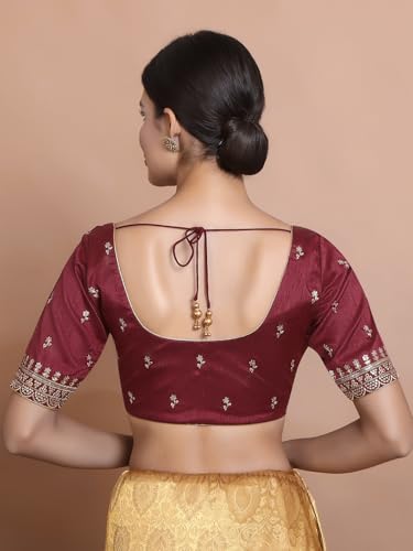 S SALWAR STUDIO Maroon Silk Embroidered Round Neck Readymade Blouse