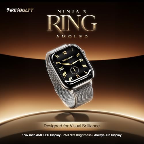 Fire-Boltt Ninja X Ring Smart Watch 1.96" Always On Display Bluetooth Calling, Voice Assistant, SpO2 & Heart Rate, 120+ Sports Modes, IP67 Waterproof Smartwatch for Men & Women - Silver Link