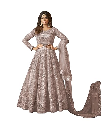 Divine International Trading Co Women's Embroidery Sequince Net Anarkali Gown Dupatta Set with Long Sleeve V-Neck and Full Length