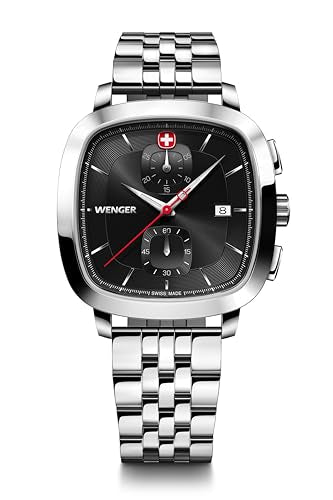 WENGER Vintage Classic Chrono | Swiss-Made Men's Chronograph Wrist Watch | Squircle Case, Quartz Movement, Black Dial, 40mm, 50M Water Resistant | Stainless Steel Strap | 01.1933.101