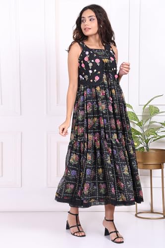 W for Woman Black Floral Printed Poly Georgette Flared Dress with Embroidered Waist Coat Set - (W12969-125847-M)