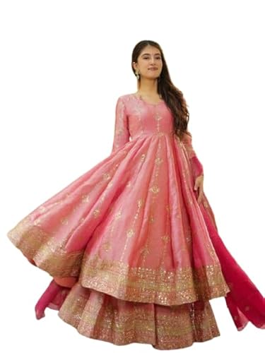 Designer Heavy Crunchy Silk Anarkali Dress for Women | Fully Flared Embroidered Gown with Dupatta | Wedding (in, Alpha, L, Regular, Standard, Peach)