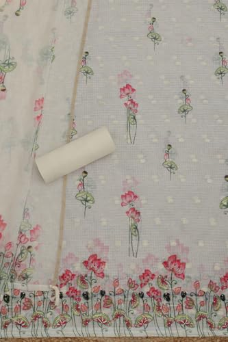 Soch Womens Cream Kota Floral Print Unstitched Dress Material With Zari Woven
