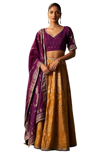 Wishful Women's Purple Embroidered Chanderi Jacquard Blouse with Flared Skirt and Dupatta Set (SP13161-314465-S)