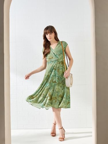 Latin Quarters Women's Green Cap Sleeves V-Neck Printed Casual Midi Dress_M