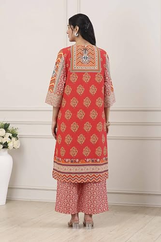 Biba Women Red Cotton Straight Suit Set_32