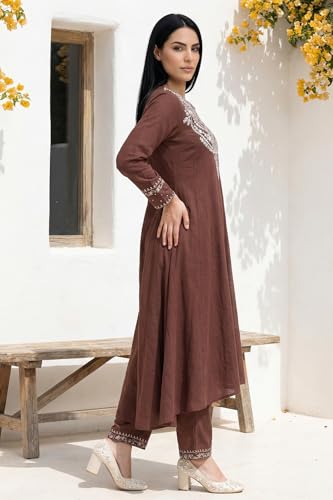 W for Woman Maroon Sequins Rayon Blend A Line Kurta with Straight Pant and Shawl Set - (WS13323-224575-XXL)