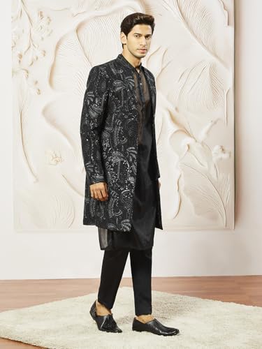 VASTRAMAY Men's Black Organza Indo Western, Kurta, Pant Set, Allover Embroidered Sherwani,Kurta And Pyjama Set For Men's, Traditional Indian Wear for Weddings & Festivals