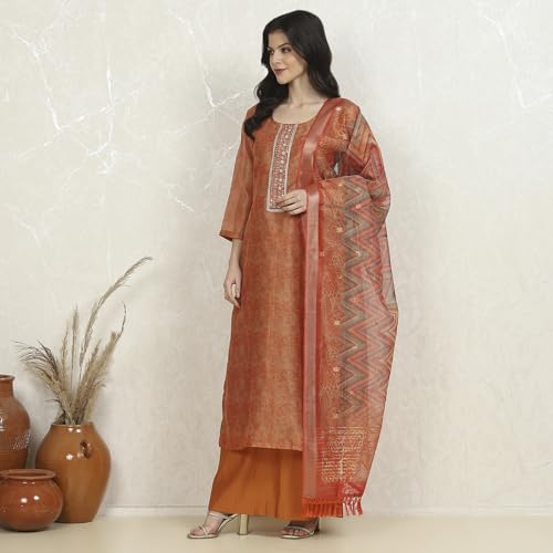 Biba Women's Orange Chanderi Unstitched Suit Set