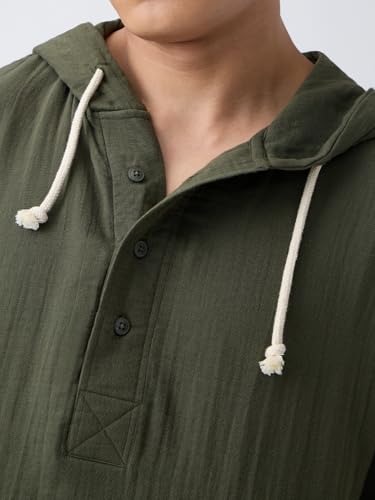 The Souled Store Cotton Gauze Hoodie: Storm Men and Boys Full Sleeves Hooded Neck Olive Green Solid Textured Cotton Oversized Fit Double Cloth Everyday All-Season Hoodie