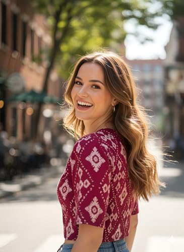 Yash Gallery Women’s Cotton Printed Blouse Round Neck Half Sleeve with Side Bob Elastic (Maroon)