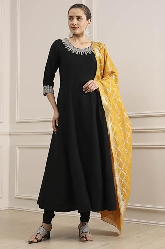Biba Women Black Polyester Blend Solid Anarkali Suit Set_32