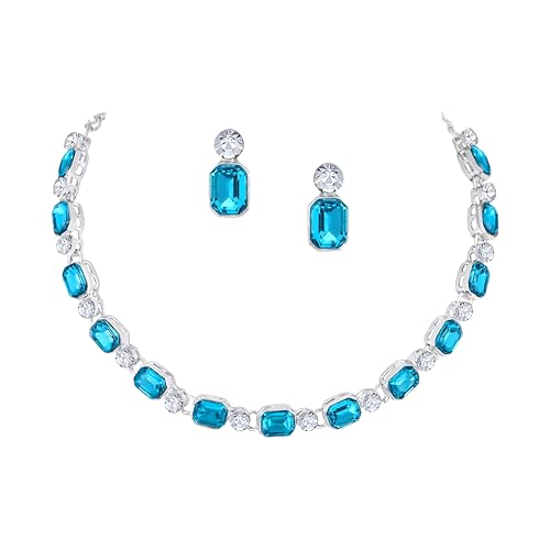 Atasi International American Diamond Style Silver Plated White and Light Blue Crystals Necklace with Earrings Jewellery Set for Women Suited for Party, Wedding, Engagement (RF6177)