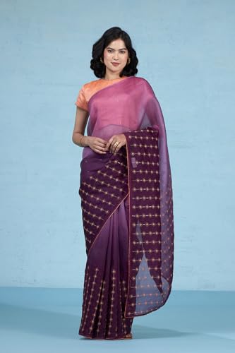 Taneira Women Violet Pure Silk Organza Embroidered Saree with Unstitched Blouse Piece (SPH08H00101-Violet)