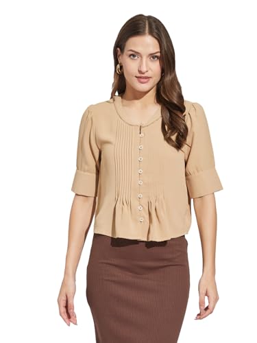 Latin Quarters Women Beige Round Neck Half Sleeves Solid Top Blouse for Casual Wear_M