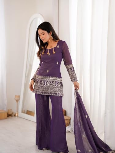 Women's Purple Crunchy Silk Embroidered Kurta With Sharara and Dupatta