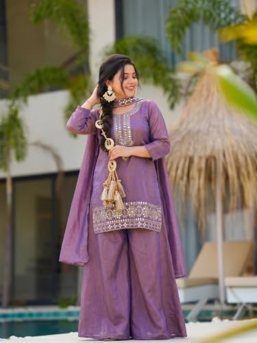 VARNI FABRICS: A lady's First Love Women's Purple Silk Blend Embroidered Straight Kurta Set With Palazzo And Dupatta