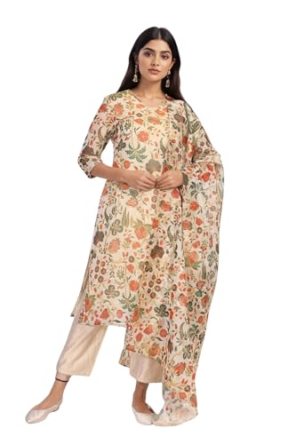 W for Woman Off-White Floral Printed Lace Trim Straight Tissue Kurta with Straight Pant and Dupatta Set (WS13276-126620-XS)