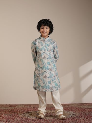 Manyavar Aqua Green Blended Linen Digital Print Kurta Pyjama Set for Child(12-14 years)