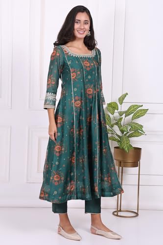 W for Woman Green Floral Printed Sequined Anarkali Kurta, Straight Pants and Dupatta Set - (WS13272-126611-S)
