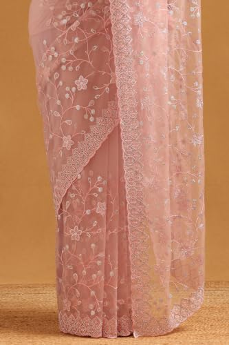 Soch Womens Pink Net Floral Embroidered Saree With Sequins