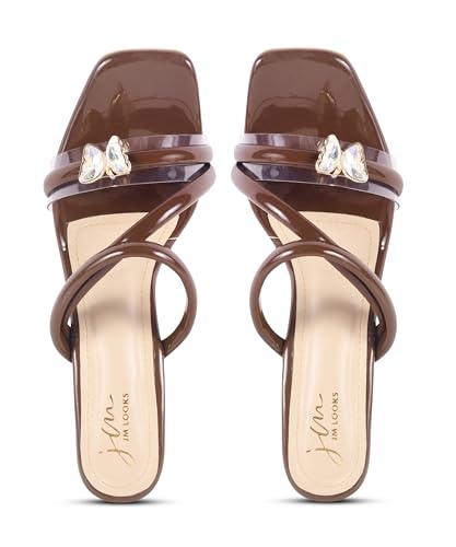 JM LOOKS Women's Kitten Heeled Sandal Open Square Toe Slip-On Transperent Strap with Embellished Butterfly for Wedding Party Prom - Brown