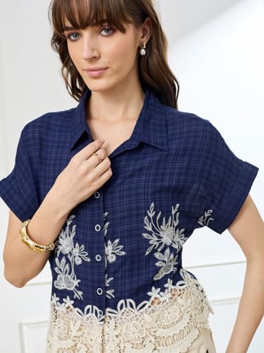Latin Quarters Women's Blue Cap Sleeves Collar Neck Casual Embroidery Shirt_M