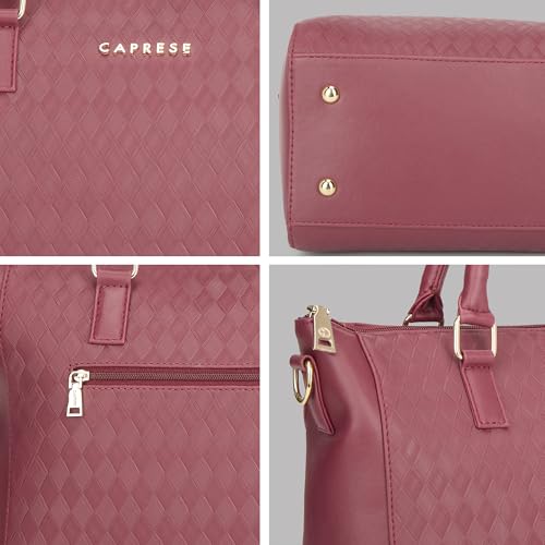 Caprese Maddy Medium Textured Tote Bag for Women with Multi-Compartment | Elegant Shoulder Handbag with Adjustable & Detachable Strap | Fits Up to 16 Inch Laptop | Perfect for Office & Travel (Cherry)