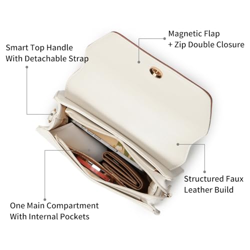 Fastrack white EdgePlay Satchel | Faux-Leather Women's Handbags | Structured Satchel with Flap + Zipper Closure, Detachable Strap & Top Handle | Gold Hardware | Everyday Carry