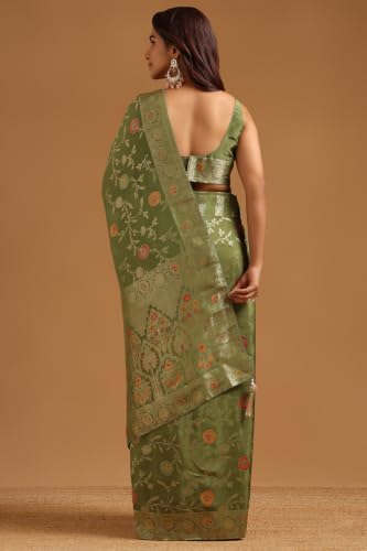 Soch Womens Olive Crepe Botanical Zari Woven Saree