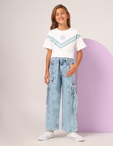 U.S. POLO ASSN. Kids Wide Leg fit Girls Cotton Jeans (UGJEN0198_Blue_13-14Y)