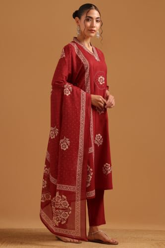Soch Womens Maroon Cotton Digital Printed Botanical Appliqué Salwar Suit
