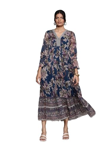 Aarke Ritu Kumar V-Neck Full Sleeve Printed Dress Blue