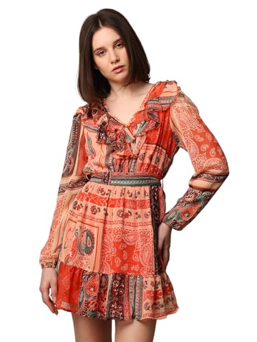 ONLY Women Paisley Printed Casual Orange Fit and Flare Dress
