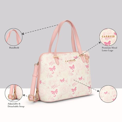 Caprese Scarlet Small Satchel Bag for Women | Printed Faux Leather Handbag | Multi-Compartment Purse | Adjustable & Detachable Strap | Zipper Closure | Stylish Everyday Bag (Pink Sorbet)