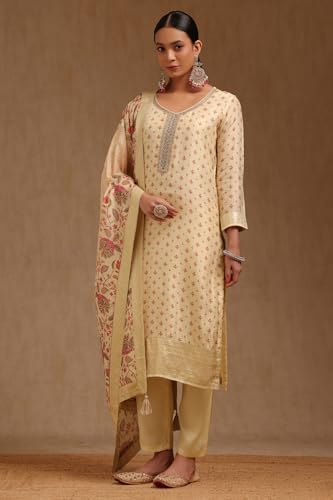 Soch Womens Cream Dola Silk Floral Print Suit Set With Cutdana