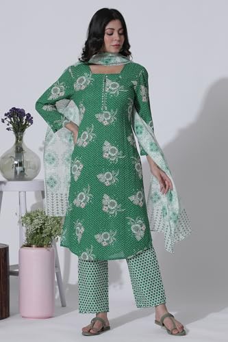 W for Woman Green Floral Printed Straight Kurta, Pants with Dupatta Set_24ONWS10616-123032_3XL